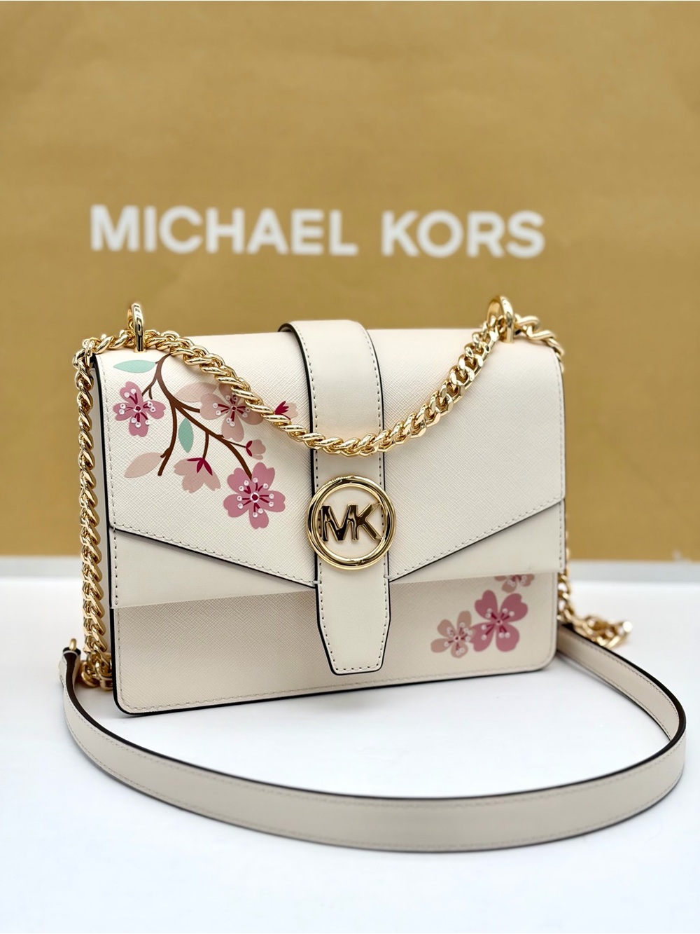 Michael Kors Greenwich SM Flap Shoulder Crossbody Bag Light Cream Multi